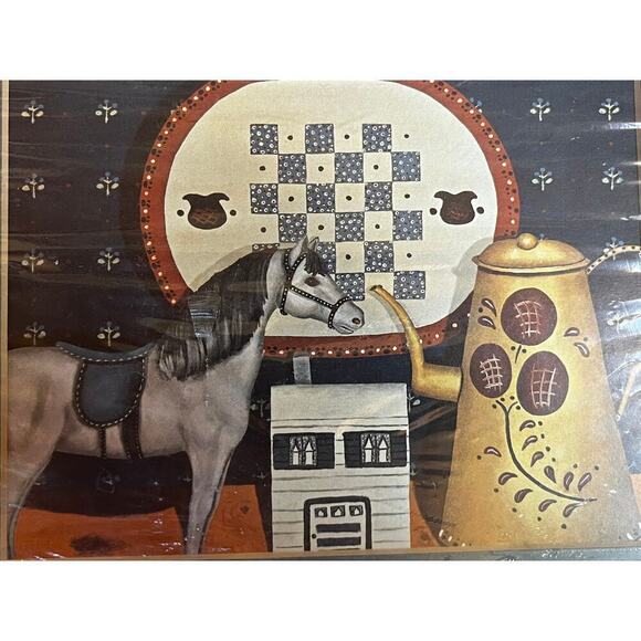 New vintage print horse teapot quilt primitive Country decor. Matted - Picture 3 of 5